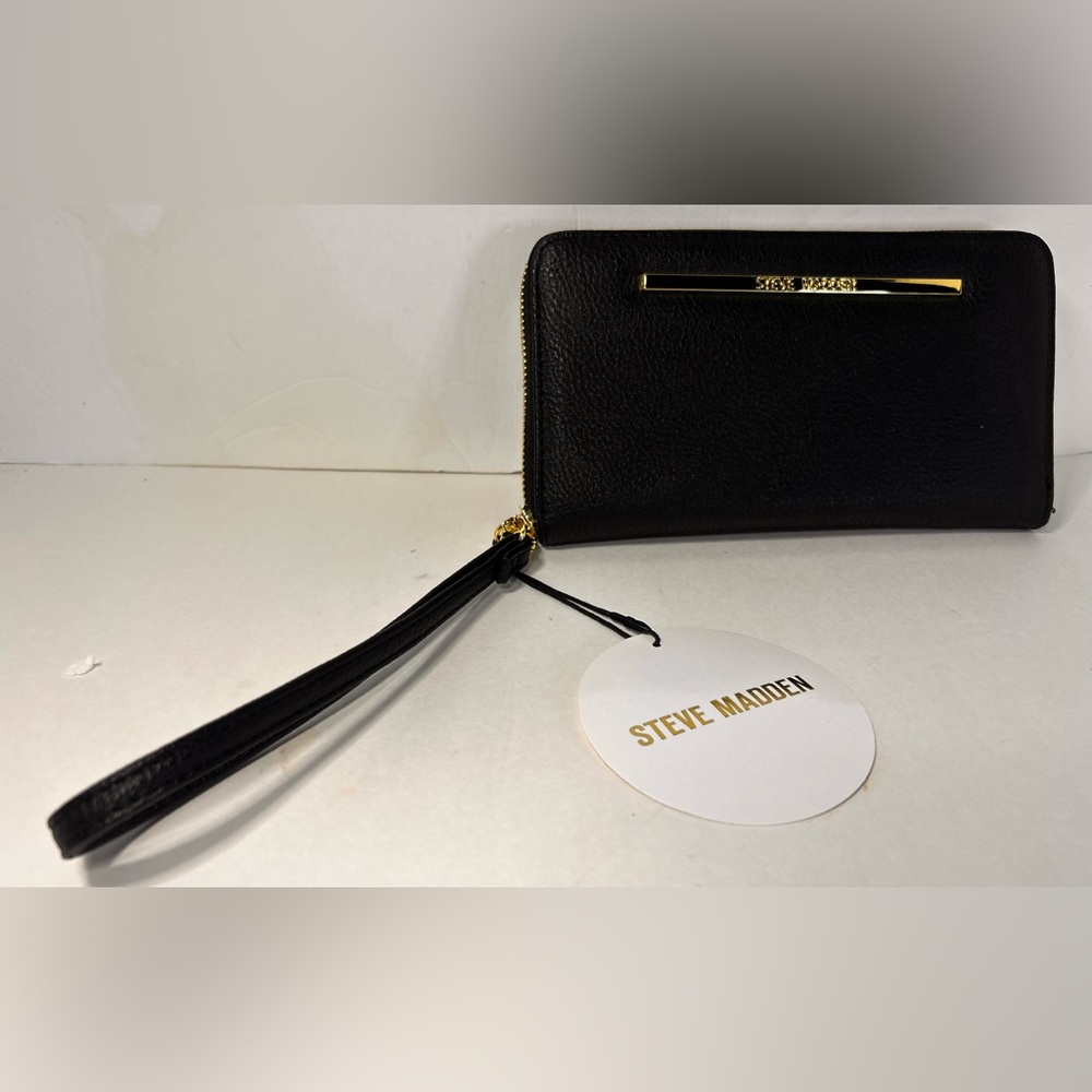 New Steve Madden Women’s Black Leather Wallet, With Bonus Mini Wallet